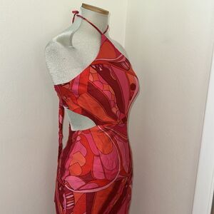 Yllw Yellow pink Pucci style midi halter dress small s print back zip tie back